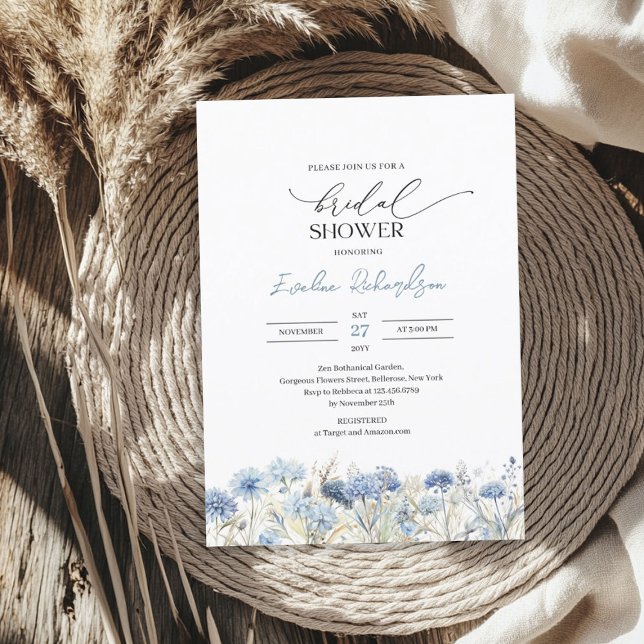 Convite Trendy watercolor invernal azul-silvestre (Trendy watercolor winter dusty blue wildflowers invitation)