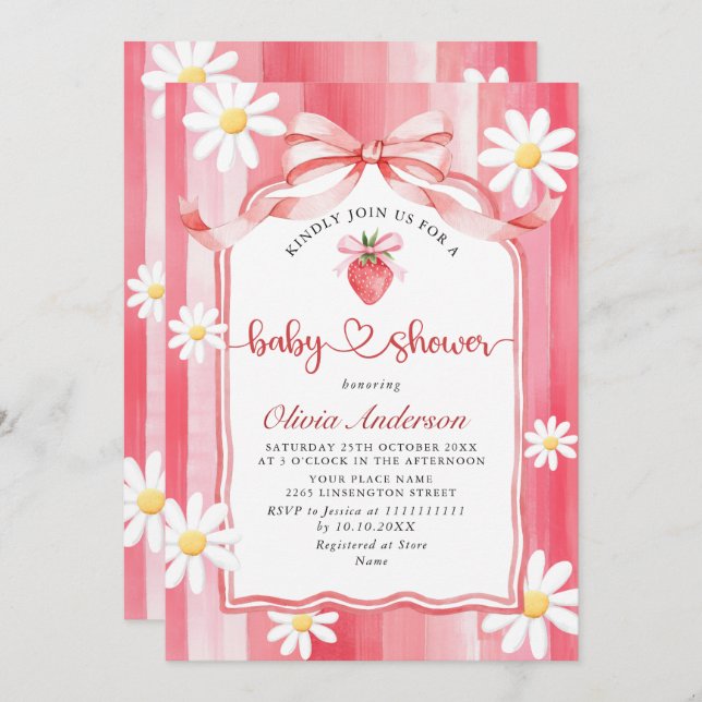 Convite Trendy Watercolor Meadow Strawberry Chá de fraldas (Frente/Verso)