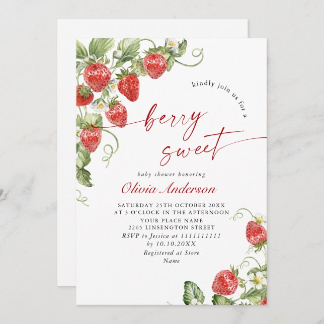 Convite Trendy Watercolor Meadow Strawberry Chá de fraldas (Frente/Verso)