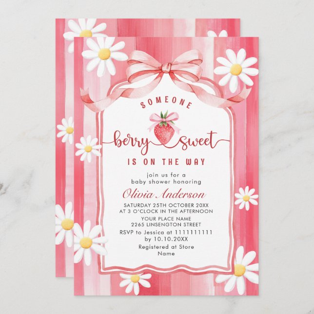 Convite Trendy Watercolor Meadow Strawberry Chá de fraldas (Frente/Verso)