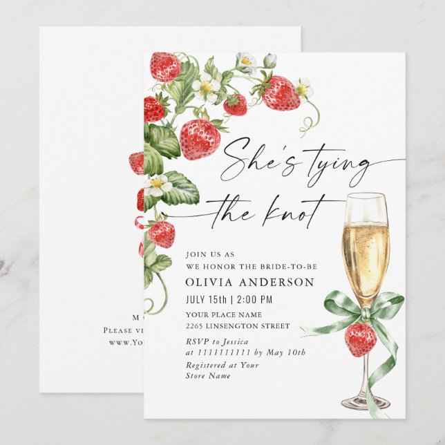 Convite Trendy Watercolor Meadow Strawberry Chá de panela (Frente/Verso)