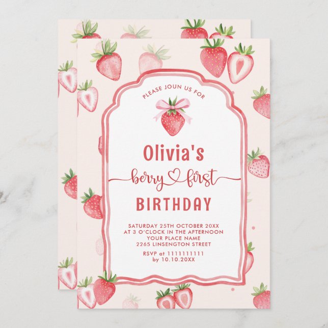 Convite Trendy Watercolor Strawberry Baby Primeiro Anivers (Frente/Verso)