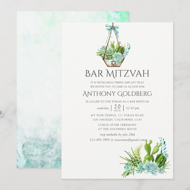 Convite Trendy Watercolor Suculents Bar Mitzvah (Frente/Verso)