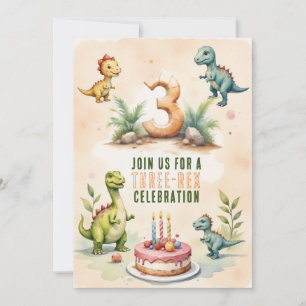 Convite Trendy Watercolor Três Rex Terceiro Aniversário 3d