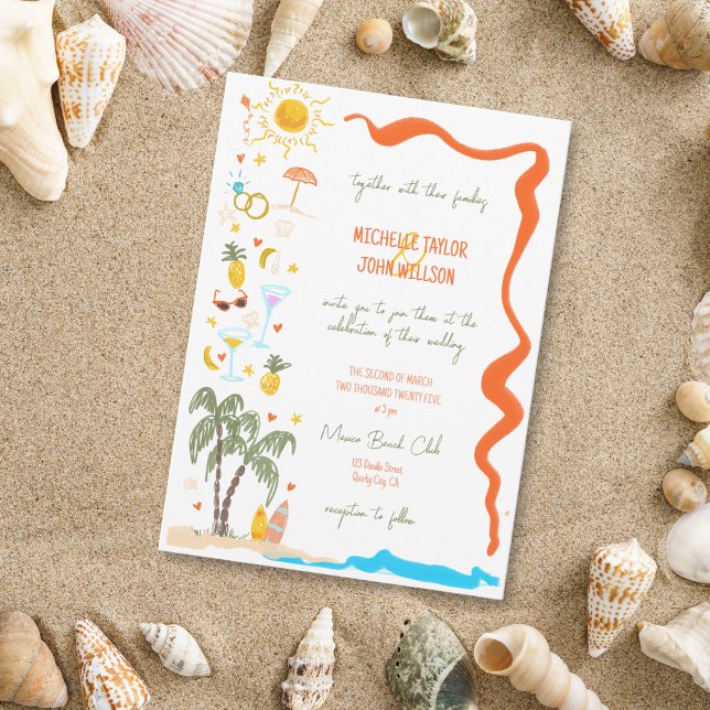 Convite Trendy Whimsical Doodle Hand Drawn Beach Weding (beach doodle wedding hand drawn invitation)
