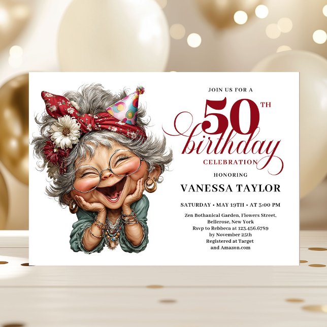 Convite Trendy Whimsical Woman 50th Birthday Funny Humor  (Trendy Whimsical Woman 50th Birthday Funny Humor Invitation)