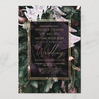 Convite Trendy Winter Christmas Tree Dourado Border Casame