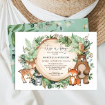 Convite Trendy Woodland Greenerescência Animais Chá de fra<br><div class="desc">Celebre a chegada da sua pequena selvagem com este convite para chás de fraldas mimetizado da floresta. O design apresenta um grupo de adoráveis amigos florestais (veados,  ursos,  guaxinim,  raposa,  coruja) e verde-aquarela.</div>