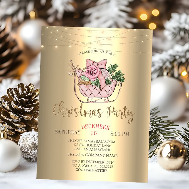 Convite Trenó Rosa Chic, Luzes de Natal Douradas (Criador carregado)