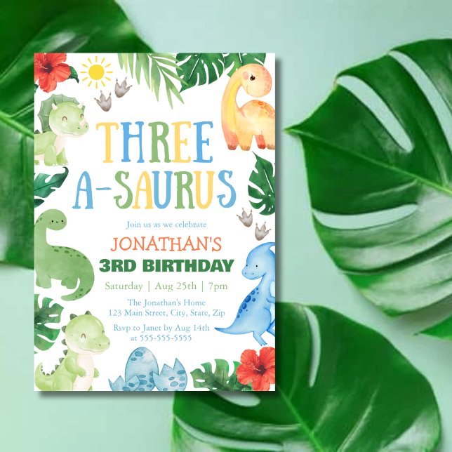 Convite Três A-Saurus Dino 3º Aniversário (Criador carregado)