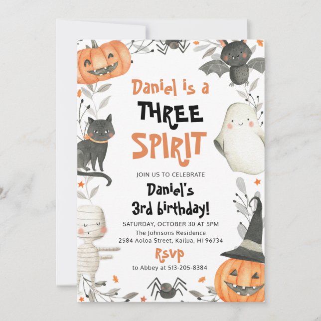 Convite Três aniversário de 3 anos de Halloween Cute Espír (Frente)