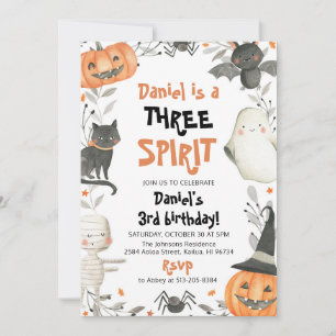 Convite Três aniversário de 3 anos de Halloween Cute Espír