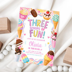 Convite Três Bolas de Sorvete Pastel de Aniversário de 3 A