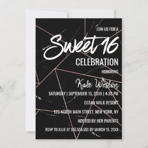 Convite Tres Chic Black Geométrico Marble Dourado Sweet 16