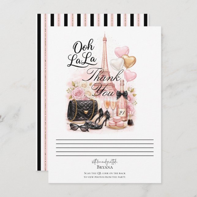 Convite Très Chic in the City Pink Paris Thank You Card (Frente/Verso)