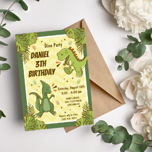 Convite Três Crianças Rex Dinossauro Festa de Aniversário