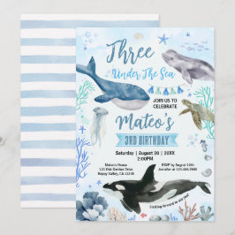 Convite Três Debaixo do Mar Festa de Aniversário Aquarela 