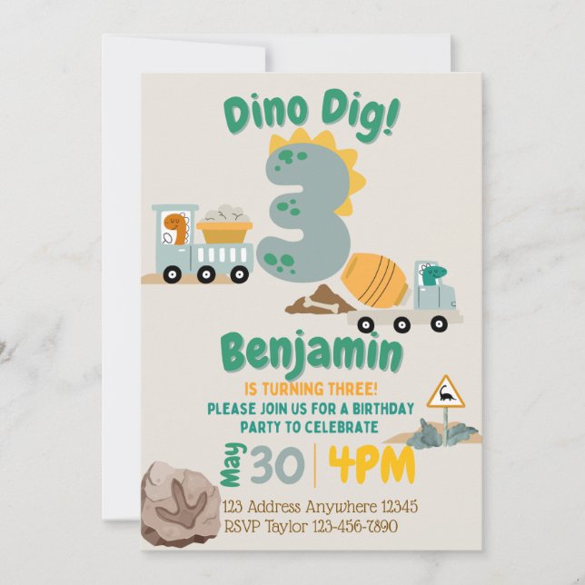 Convite Três Dino Dig Construção de Dinossauro 3º Aniversá (Frente)