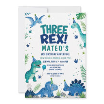 Três Dinossauros Rex Azul Aquarela 3º Aniversário