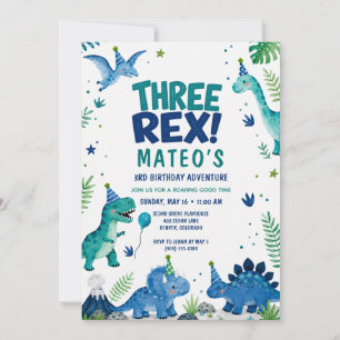 Convite Três Dinossauros Rex Azul Aquarela 3º Aniversário