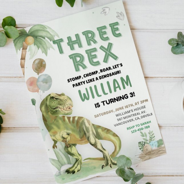Convite Três dinossauros Rex Dino aniversário de 3 anos Pa (Criador carregado)