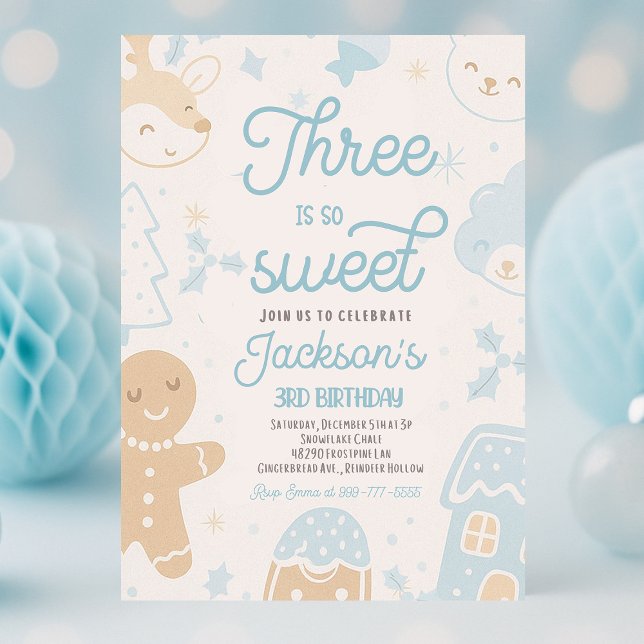 Convite Três É Tão Doce Festa de aniversário De Biscoito D (Three Is So Sweet” Christmas Cookie Birthday Party invitation for boys, featuring gingerbread men, c)