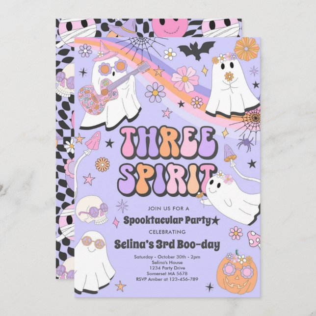 Convite Três Espíritos Halloween Groovy Ghost aniversário  (Frente/Verso)