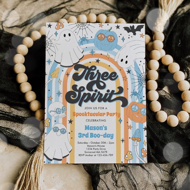 Convite Três Espíritos Halloween Groovy Ghost aniversário  (Criador carregado)