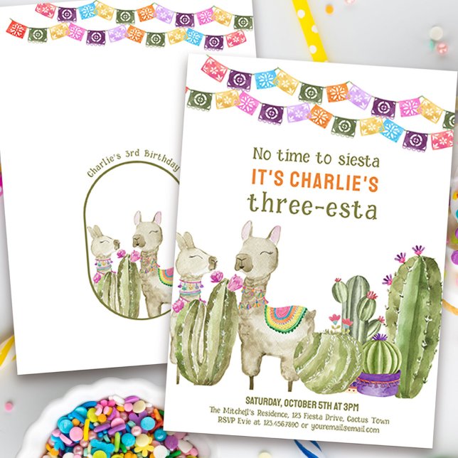 Convite Três-esta aniversário de 3 anos Fiesta Sem tempo p (No time to siesta, it's a three-esta! Watercolor fiesta theme 3rd birthday invitation with cactus)