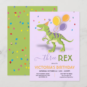 Convite Três Festas de aniversário Rex Dinossaur