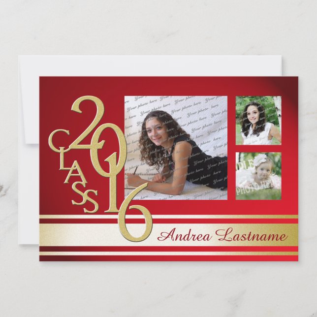Convite Três Foto do Formando Red Dourado Varsity Stripe 2 (Frente)
