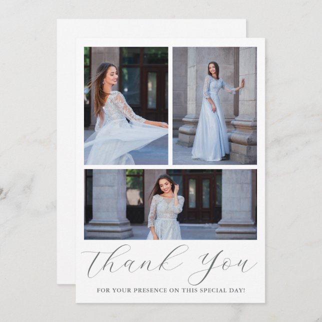 Convite Três Fotografias Quinceanera Blue Floral Script (Frente/Verso)