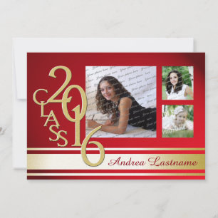 Convite Três Fotos Do Formando Red Dourado Varsity Stripe