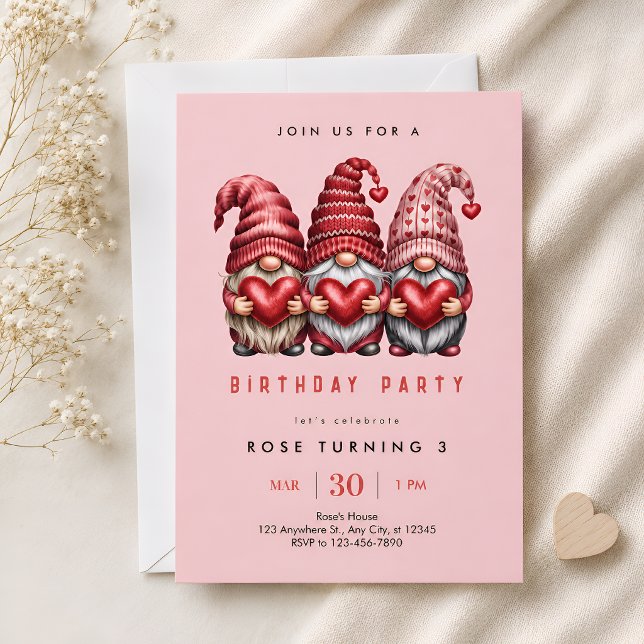 Convite Três Gnomos Rosa Aniversário de 3 anos (Criador carregado)