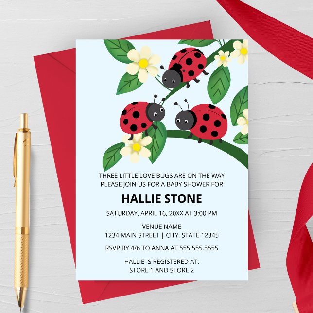 Convite Três Pequenos Besouros do Amor Chuvinha de Bebê Jo (Three Little Love Bugs Ladybug Baby Shower Invite | Floral Garden Triplet Shower Invitation)