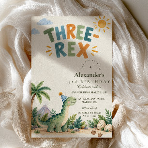 Convite Três Rex Aniversário Fofo Dinossauro Aquarela