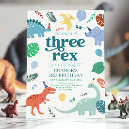 Convite Três Rex Blue Boy Dinosaur Boho aniversário de 3 a