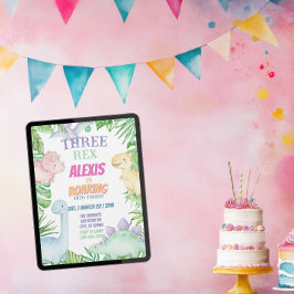 Convite Três Rex, Dinossauro Pastel Aniversário de 3 anos