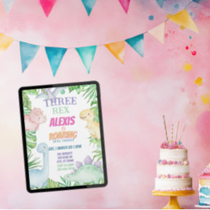 Convite Três Rex, Dinossauro Pastel Aniversário de 3 anos