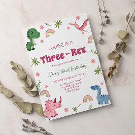 Convite Três Rex Pink Dinossaur Girl Terceiro Aniversário