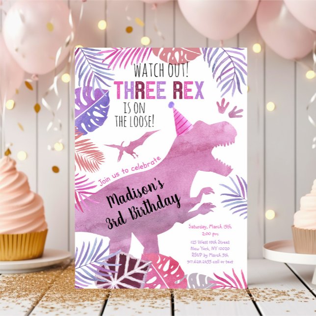 Convite Três Rex Púrpura Dinossauro Rosa, Aniversário (Criador carregado)
