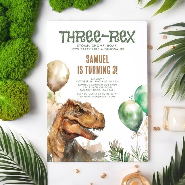 Convite Três Rex - Tyronassaurus Dinossaur Boy Aniversário (Dinosaur Themed 3rd Birthday Invitations - Three-Rex)