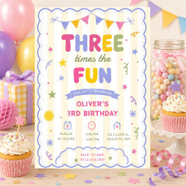 Convite Três Vezes o Fun Aniversário Colorido Menino 3 Ano
