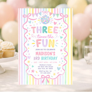 Convite Três Vezes o Fun Pastel Listras Festa de Aniversár