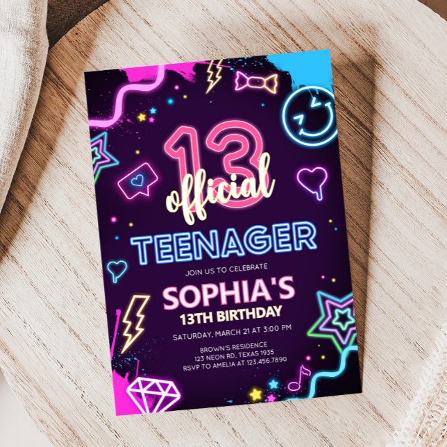 Convite Treze Festa de aniversário Neon Teenager (Neon Official Thirteen Birthday Party Invitation)