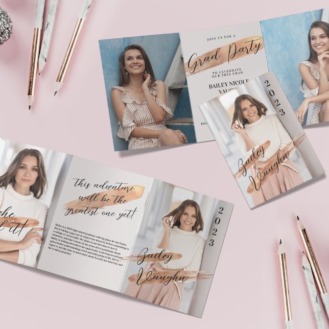 Convite Tri-Fold Dourado Rosa para Formatura de 4  (Criador carregado)