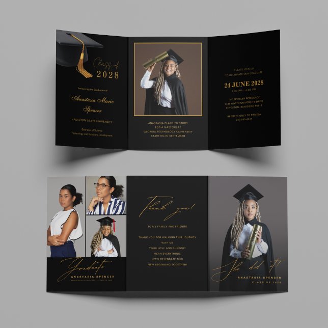 Convite Tri-Fold Elegante Preto Dourado para Forma (Criador carregado)