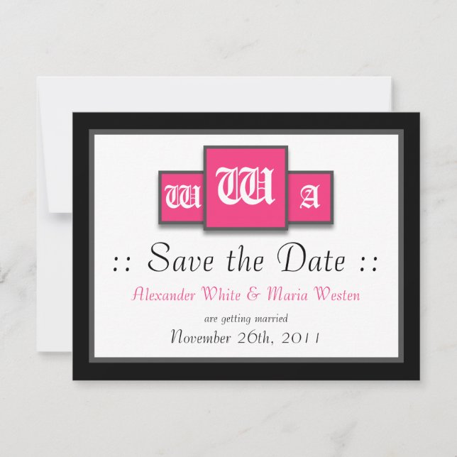Convite Tri-Monograma Fuchsia Save the Dates Casamento Mod (Frente)
