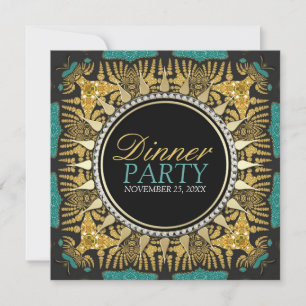 Convite Tribal Batik Teal Dourado Partido Janto Negro
