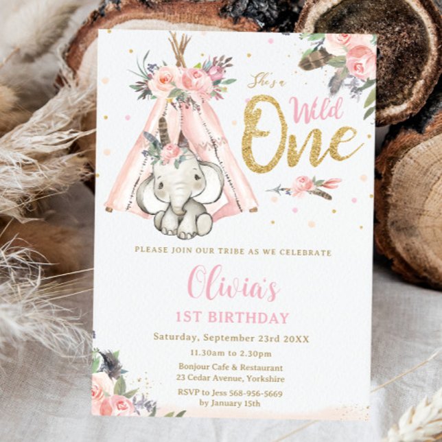 Convite Tribal Boho Elephant Pink Wild One primeiro aniver (Criador carregado)